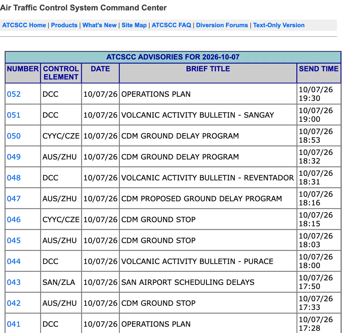 The FAA ATCSCC advisories list for 7 October 2026, showing advisories 041 to 052, including an AUS/ZHU ground stop at 17:33 and 18:03, a proposed ground delay program at 18:16 and a ground delay program at 18:32.