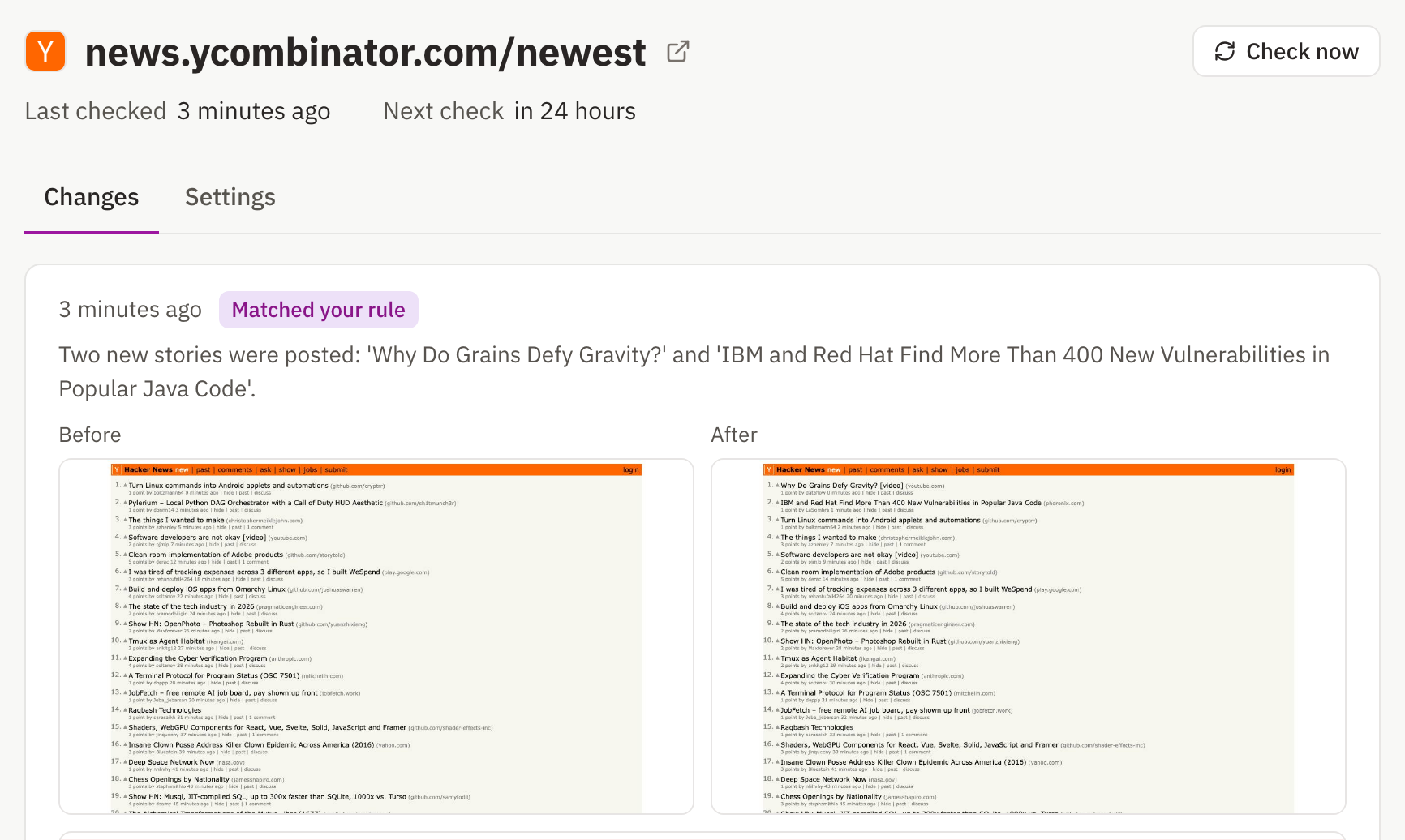 A Website Change Tracker change entry for news.ycombinator.com/newest marked 'Matched your rule', with the reason naming two new stories and before and after screenshots of the page.