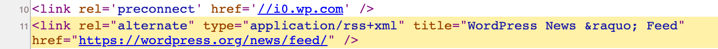 The page source of WordPress News, with the line link rel=alternate type=application/rss+xml highlighted and its href pointing to https://wordpress.org/news/feed/.