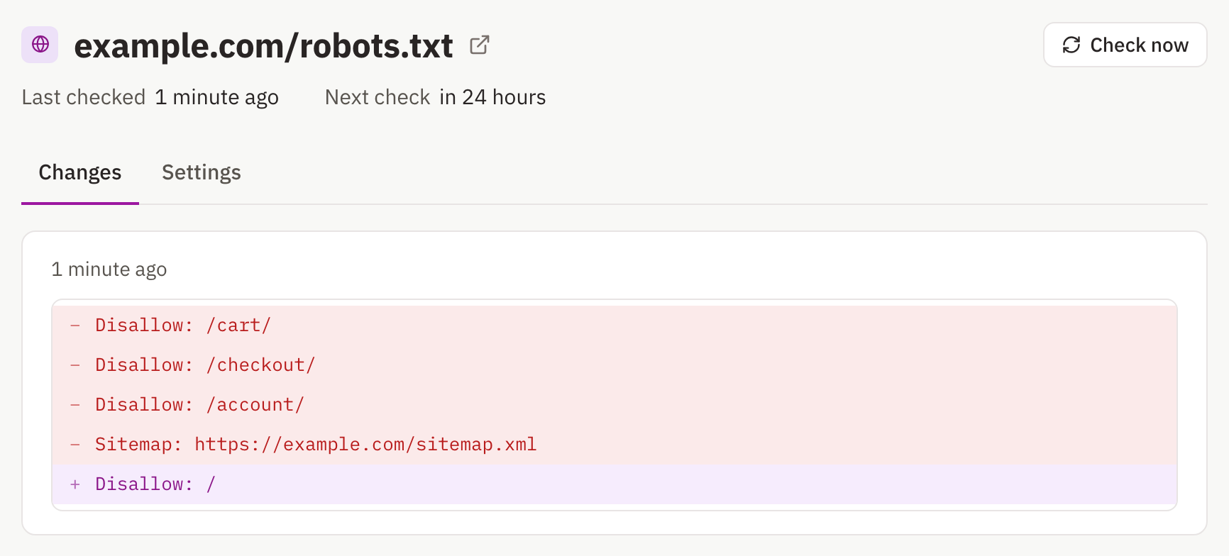 A Website Change Tracker change entry for example.com/robots.txt showing removed Disallow lines and a removed Sitemap line, replaced by a single added line, Disallow: /.