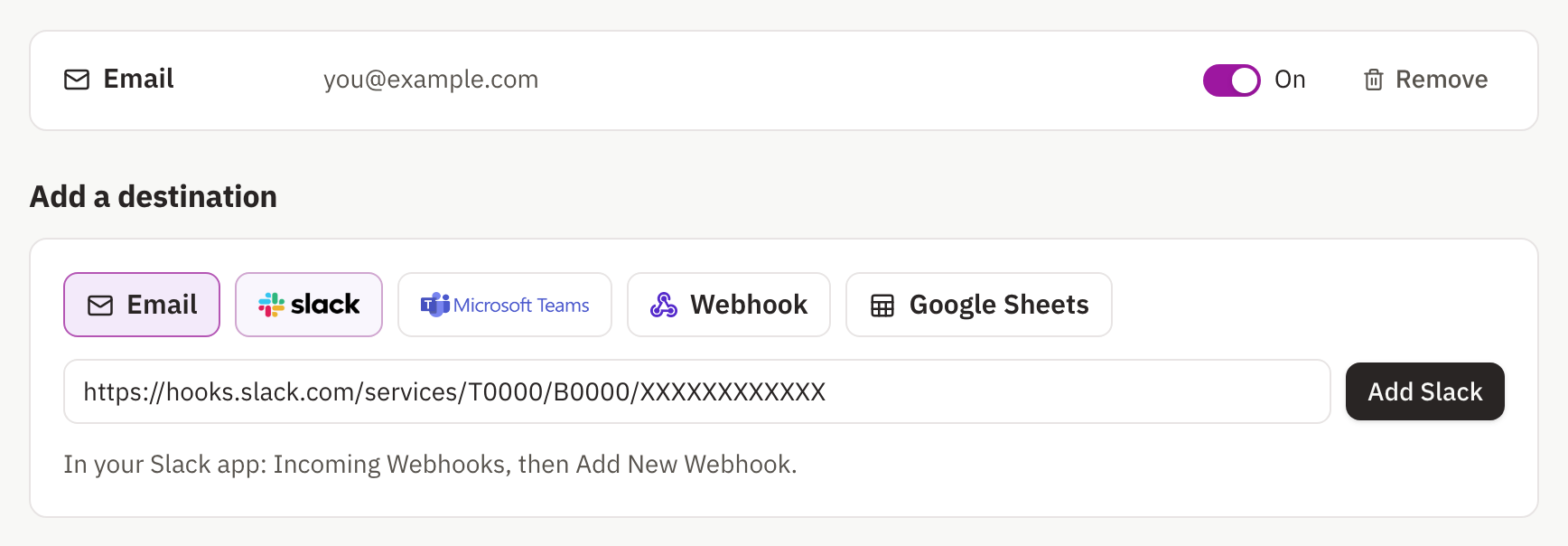 The Alerts tab of a site in Website Change Tracker, with an email destination already added and a Slack webhook URL pasted into the Add a destination form.