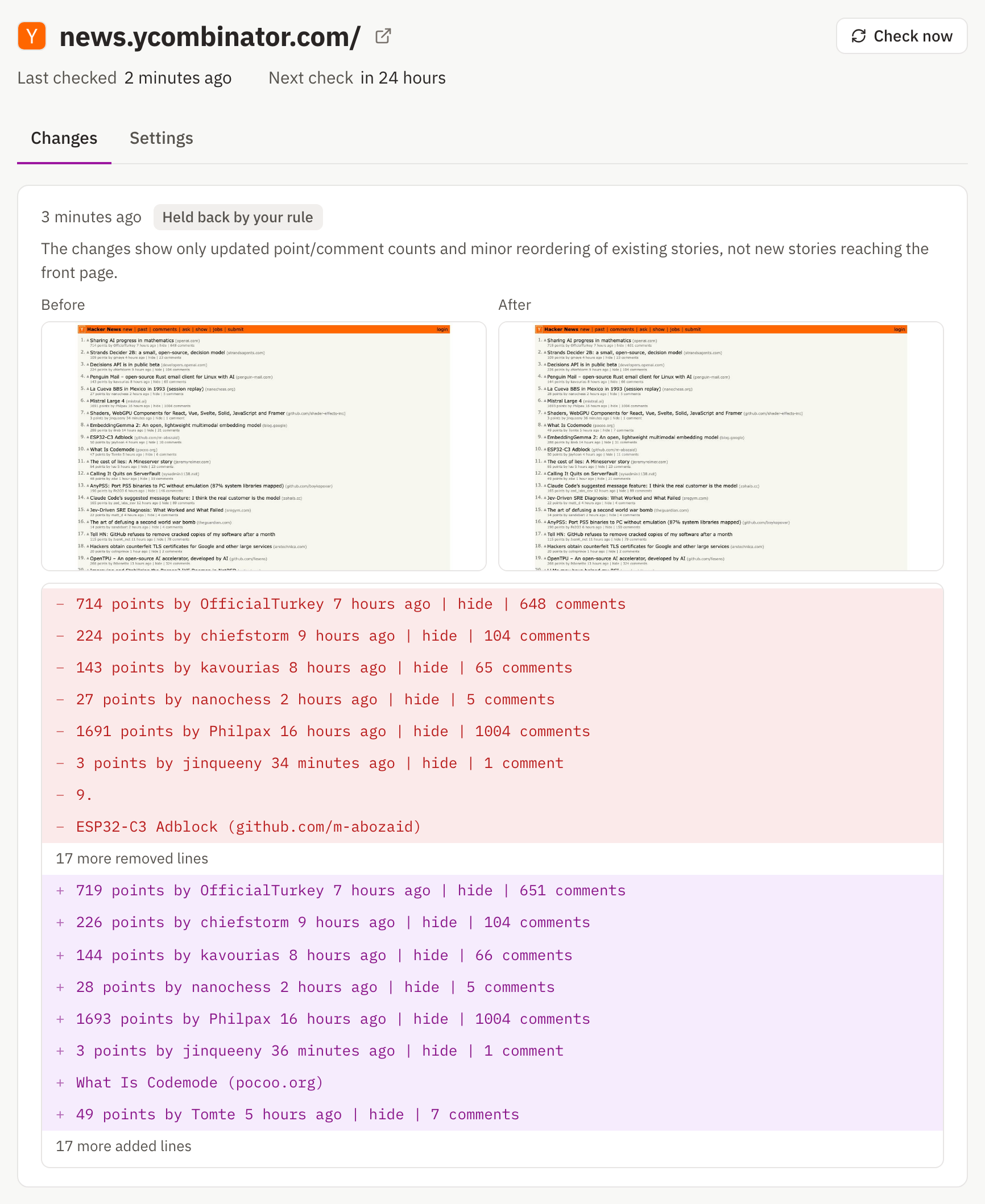 A Website Change Tracker change entry for news.ycombinator.com marked 'Held back by your rule', with the reason, before and after screenshots, and a diff in which only point and comment counts changed.