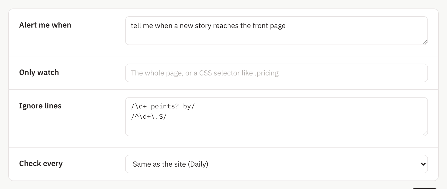 Website Change Tracker page settings for news.ycombinator.com with the rule 'tell me when a new story reaches the front page' and two ignore lines.